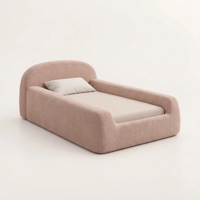 Teddie kids bed in dusty blush bouclé